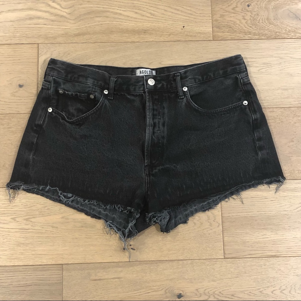 Agolde Black Denim Jean Shorts Sz 32 Raw Hem